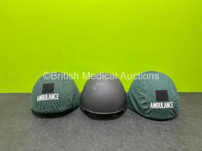 3 x Engineering Armour Ambulance Helmets (1 x Missing Ambulance Cover - See Photos)