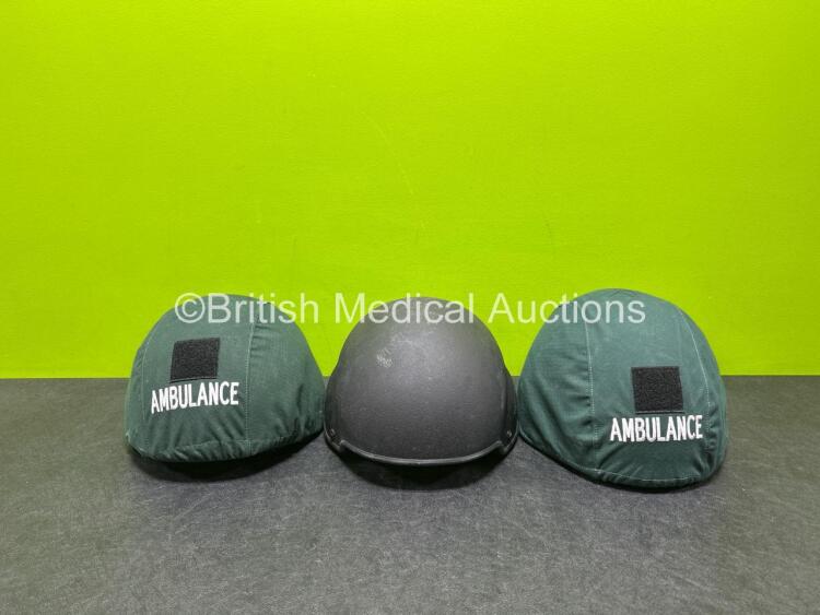 3 x Engineering Armour Ambulance Helmets (1 x Missing Ambulance Cover - See Photos)