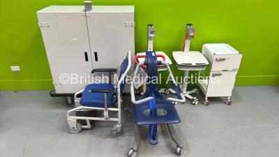 Mixed Lot Including 2 x Parity Medical Monitor Stands, 1 x Freeway Medical Trolley, 1 x Mobile Metal Cabinet, 1 x Patient Transport Chair and 1 x Arjo Alient Patient Hoist (No Power)