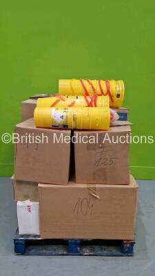 Pallet of Consumables Including Bio Hazard Waste Buckets, Terumo Syringe, Sunset 30 Heat Moisture Exchangers, 365 Healthcare Absorbent Dressing, Various Gloves, Cutan Hand Wash Dispenser,Tork Jumbo Toilet Roller Dispenser, Cardboard Disposable Mouthpieces