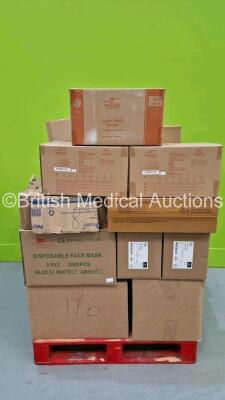 Pallet of Consumables Including Biohazard Waste Containers, Cytotoxic Waste Bag, Disposable Mask, FarlaCONTACT Wound Dressing, Farla MediJab Insulin Safety Syringe, Disposable Gown and Clinell Wipes (All Expired) *RAK*