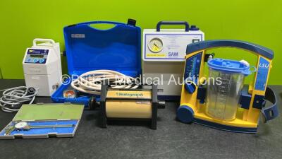 Mixed Lot Including 1 x Vitalograph Precision Syringe, 1 x Sam Medical Suction Unit (No Power Supply), 1 x LSU Laerdal Suction Unit With 1 x Cup and 1 x Flat NiMh Battery, 1 x 4M Pressure Hose, 1 x Mitutoyo Shockproof Gauge and 1 x Inspiration Healthcare 