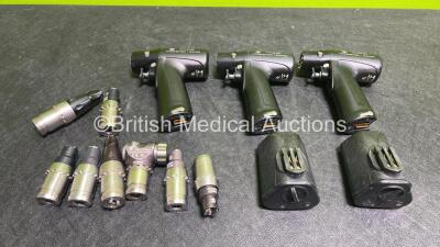 Zimmer Job Lot Including 3 x Zimmer Universal Handpieces ( 445740 / 445499 / 443249 ), 2 x Battery Housing Units ( 89-8510-440-10), 1 x Li-Ion Battery and 8 x Attachments ( 452633 Zimmer Hudson 250RPM / 449407 Zimmer Hudson 500 RPM / 442317 Zimmer Hudson