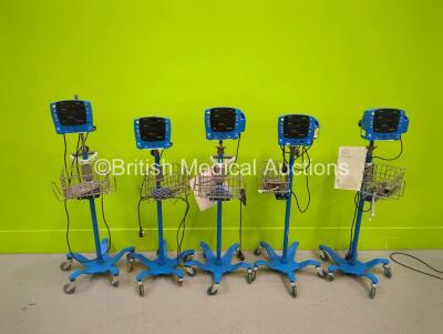 5 x GE Carescape V100 Vital Signs Monitors on Stands with Selection of Cables (All Power Up)