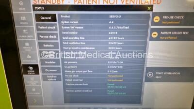 Maquet Servo U Ventilator on Stand Model No 6694800 - System Software Version 4.4.0.78be7bed - System Version 4.4 Running Hours 45182 *Mfd 2016* (Powers Up) with 1 x Maquet Ventilator Expiratory Cassette, 1 x Maquet CO2 Analyzer Module Capnostat 5 Ref 688 - 4