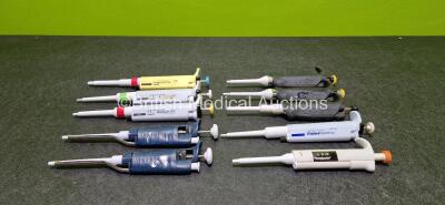 Job Lot Including 2 x Gilson Pipetman Single Channel Pipettes, 2 x Nichipet EX Single Channel Pipettes, 1 x Nichipet EX PLus Single Channel Pipettes, 3 x ErgoOne Single Channel Pipettes (2 x Damaged - See Photo), 1 x Finnpipette Single Channel Pipette and