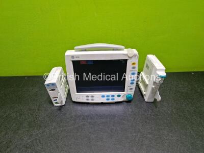 GE B30 Patient Monitor (Powers Up) with GE Type E-PSMW Module with ECG, SpO2, T1-T2 and NIBP Options and GE N-FC-00 Gas Module *SN 6933252 / 6100210 / SF313026804WA*