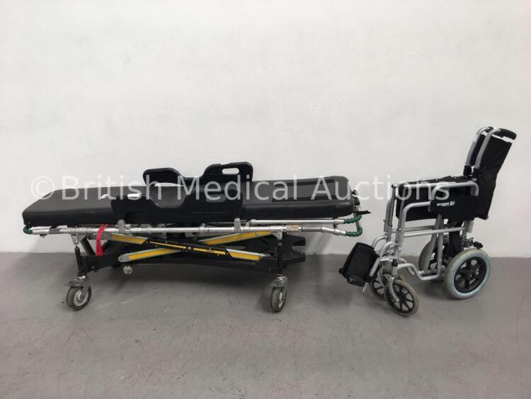 1 x Ferno Pegasus Ambulance Stretcher with Mattress (Unable to Test Due to No Hydraulic Foot Pedal) and 1 x Roma Medical Manual Wheelchair