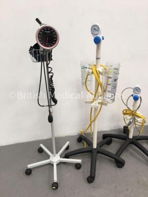 Mixed Lot Including 3 x Vacsax Regulators on Stands with 3 x Suction Cups and Hoses,1 x Oxylitre Regulator on Stand with Hose and 1 x Welch Allyn BP M - 2