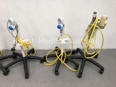 Mixed Lot Including 3 x Vacsax Regulators on Stands with 3 x Suction Cups and Hoses,1 x Oxylitre Regulator on Stand with Hose and 1 x Welch Allyn BP M - 3