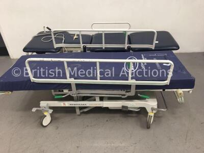 1 x Akron Electric 3-Way Patient Examination Couch and 1 x Merivaara Acute Care Line Hydraulic Patient Trolley with Mattress (Powers Up-Large Rip to C