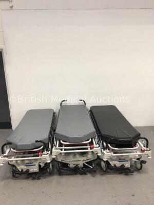 1 x Stryker Big Wheel Hydraulic Patient Trolley with Mattress and 2 x Stryker Transport Patient Trolleys with Mattresses (Hydraulics Tested Working)