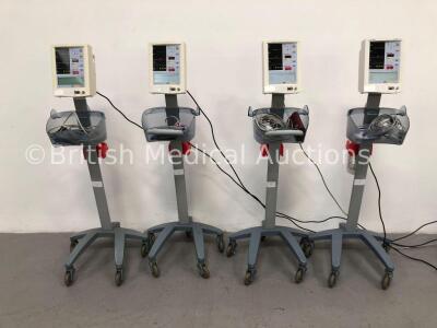 4 x Datascope Accutorr Plus Patient Monitors on Stands with 4 x BP Hoses,4 x BP Cuffs and 4 x SpO2 Finger Sensors (All Power Up)