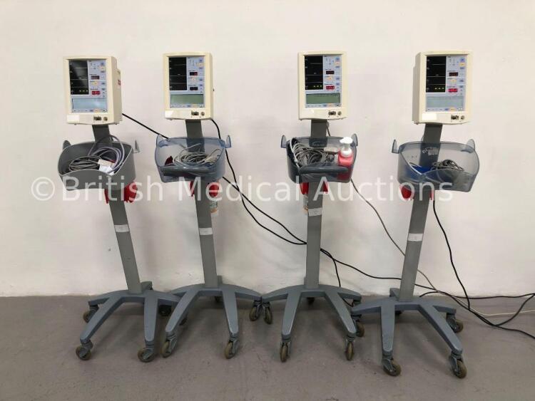 4 x Datascope Accutorr Plus Patient Monitors on Stands with 4 x BP Hoses,4 x BP Cuffs and 4 x SpO2 Finger Sensors (All Power Up)