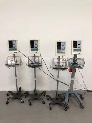 4 x Datascope Accutorr Plus Patient Monitors on Stands with 4 x BP Hoses,4 x BP Cuffs and 4 x SpO2 Finger Sensors (All Power Up- 1 x Won't Turn On Due