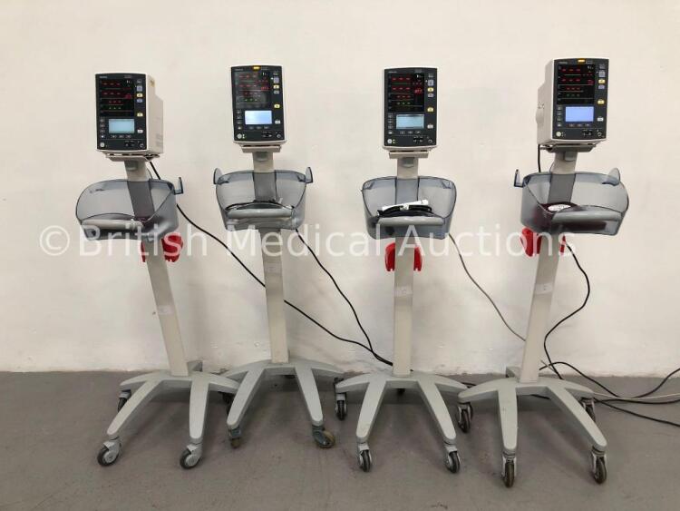 4 x Mindray Datascope Accutorr V Patient Monitors on Stands with 4 x BP Cuffs (All Power Up)