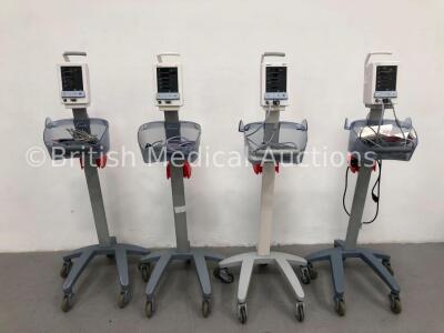 4 x Datascope Duo Patient Monitors on Stands with 4 x SpO2 Finger Sensors,4 x BP Hoses and 4 x BP Cuffs (All Power Up)