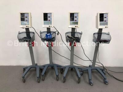 4 x Datascope Accutorr Plus Patient Monitors on Stands with 2 x BP Hoses and 4 x BP Cuffs (All Power Up)