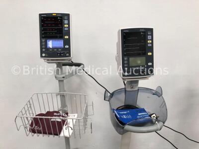 4 x Mindray Datascope Accutorr V Patient Monitors on Stands with 4 x BP Cuffs and 1 x BP Hose (3 x Power Up, 1 x Draws Power-Faulty Battery) - 2