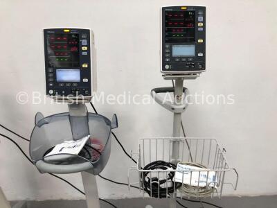 4 x Mindray Datascope Accutorr V Patient Monitors on Stands with 4 x BP Cuffs and 1 x BP Hose (3 x Power Up, 1 x Draws Power-Faulty Battery) - 3