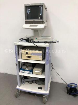 Olympus WM-60 Mobile Workstation Stack Trolley Including Sony Trinitron Monitor, Olympus MAJ-954 Ultrasound Connector, Olympus Keyboard, Olympus Endo - 9