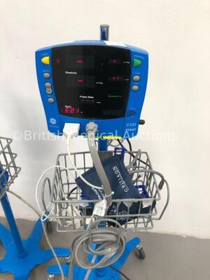 2 x GE Carescape V100 Dinamap Patient Monitors on Stands with 2 x BP Hoses, 2 x BP Cuffs and 2 x SpO2 Finger Sensors and 1 x Welch Allyn 53N00 Patient - 4