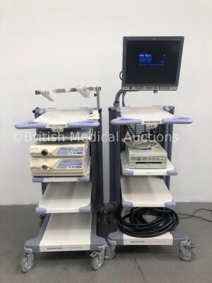 2 x Olympus Stack Trolleys Including Olympus OEV191H Monitor,Olympus Keyboard, Olympus Evis Lucera CV-240 Digital Processor,Olympus Evis Lucera CLV-26