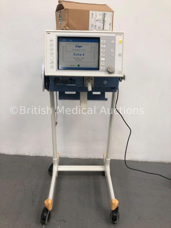 Drager Evita 4 Edition Ventilator Ref 8411740-24 Software Version 04.22 Working Hours 8419415 with Hoses and Accessories on Stand (Powers Up) * SN ASA