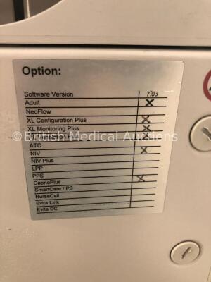 Drager Evita XL Ventilator Type 8413080 Software Version 07.03 Running Hours 60172 with Hoses on Drager Mova Cart (Powers Up) * SN ARML-0020 * - 6