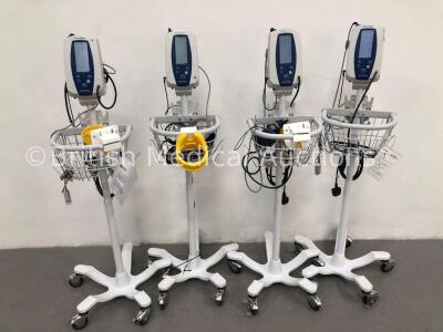 4 x Welch Allyn Spot Vital Signs Monitors on Stands with 4 x BP Hoses, 2 x BP Cuffs and 4 x SpO2 Finger Sensors (All Power Up)