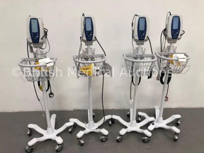 4 x Welch Allyn Spot Vital Signs Monitors on Stands with 4 x BP Hoses and 4 x SpO2 Finger Sensors (All Power Up)