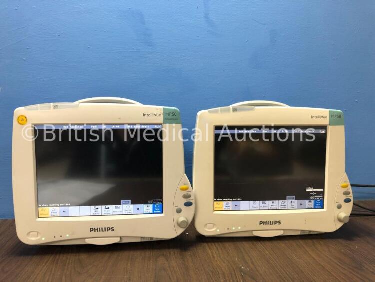 2 x Philips Intellivue MP50 Anesthesia Touch Screen Patient Monitors Version G.01.73 / G.01.80 (Both Power Up) *Mfd 2009 / 2009* *C*