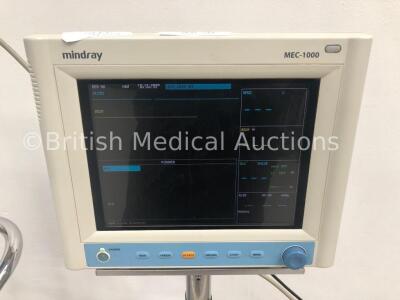 1 x GE Dinamap Pro 300V2 Patient Monitor on Stand with 1 x BP Hose and 1 x SpO2 Finger Sensor and 1 x Mindray MEC-1000 Patient Monitor on Stand with T - 3