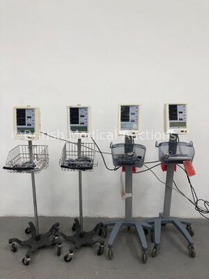 4 x Datascope Accutorr Plus Patient Monitors on Stands with 4 x BP Hoses, 4 x BP Cuffs and 4 x SpO2 Finger Sensors (All Power Up)