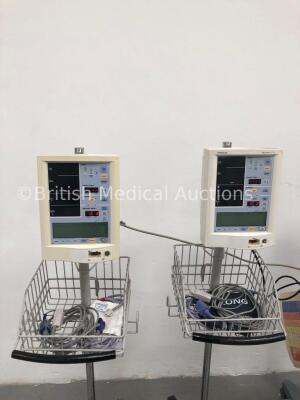 4 x Datascope Accutorr Plus Patient Monitors on Stands with 4 x BP Hoses, 4 x BP Cuffs and 4 x SpO2 Finger Sensors (All Power Up) - 2