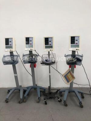 4 x Datascope Accutorr Plus Patient Monitors on Stands with 4 x BP Hoses and 4 x BP Cuffs (All Power Up)