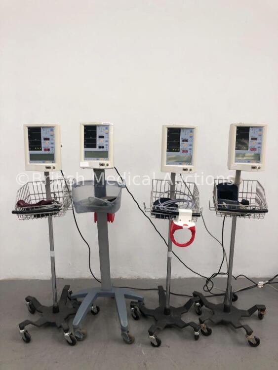 4 x Datascope Accutorr Plus Patient Monitors on Stands with 4 x BP Hoses and 4 x BP Cuffs (3 x Power Up, 1 x Draws Power)