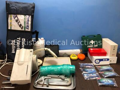 Mixed Lot Including 2 x Donway Traction Splints, 2 x First Aid Kits, 1 x Light Cable, 2 x Metal Instrument Trays, 2 x Pocket Masks, 1 x APC UPS Unit,