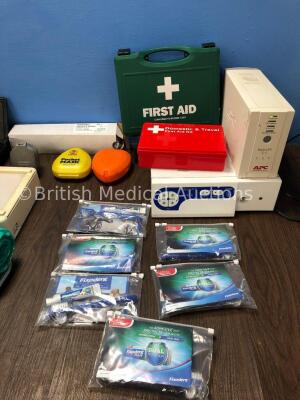 Mixed Lot Including 2 x Donway Traction Splints, 2 x First Aid Kits, 1 x Light Cable, 2 x Metal Instrument Trays, 2 x Pocket Masks, 1 x APC UPS Unit, - 2