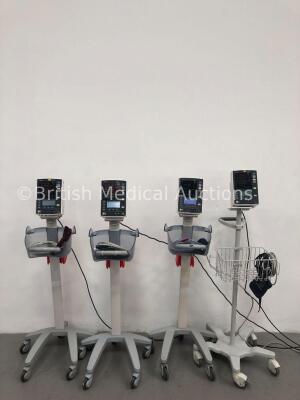 4 x Mindray Datascope Accutorr V Patient Monitors on Stands with 4 x BP Hoses and 4 x BP Cuffs (All Power Up)