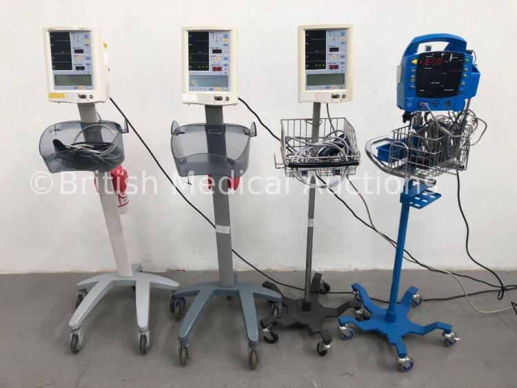 3 x Datascope Accutorr Plus Patient Monitors on Stands with 2 x BP Hoses,2 x BP Cuffs and 1 x SpO2 Finger Sensor and 1 x GE Dinamap ProCare 400 Patien