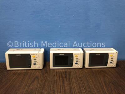 3 x Philips IntelliVue X2 Handheld Patient Monitors S/W Rev G.01.80 / G.01.80 / H.15.45 with Press/Temp, NBP, SpO2 and ECG/Resp Options, 2 x Batteries