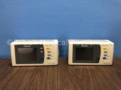 2 x Philips IntelliVue X2 Handheld Patient Monitors S/W Rev H.15.51 / G.01.00 with Press/Temp, NBP, SpO2 and ECG/Resp Options, 2 x Batteries (Both Pow