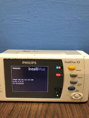 2 x Philips IntelliVue X2 Handheld Patient Monitors S/W Rev H.15.51 / G.01.00 with Press/Temp, NBP, SpO2 and ECG/Resp Options, 2 x Batteries (Both Pow - 2