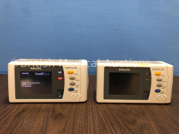 2 x Philips IntelliVue X2 Handheld Patient Monitors S/W Rev K.21.42 / G.01.75 with Press/Temp, NBP, SpO2 and ECG/Resp Options, 2 x Batteries (Both Pow