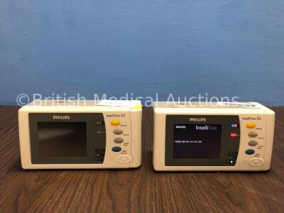 2 x Philips IntelliVue X2 Handheld Patient Monitors S/W Rev G.01.75 / G.01.80 with Press/Temp, NBP, SpO2 and ECG/Resp Options, 2 x Batteries (Both Pow