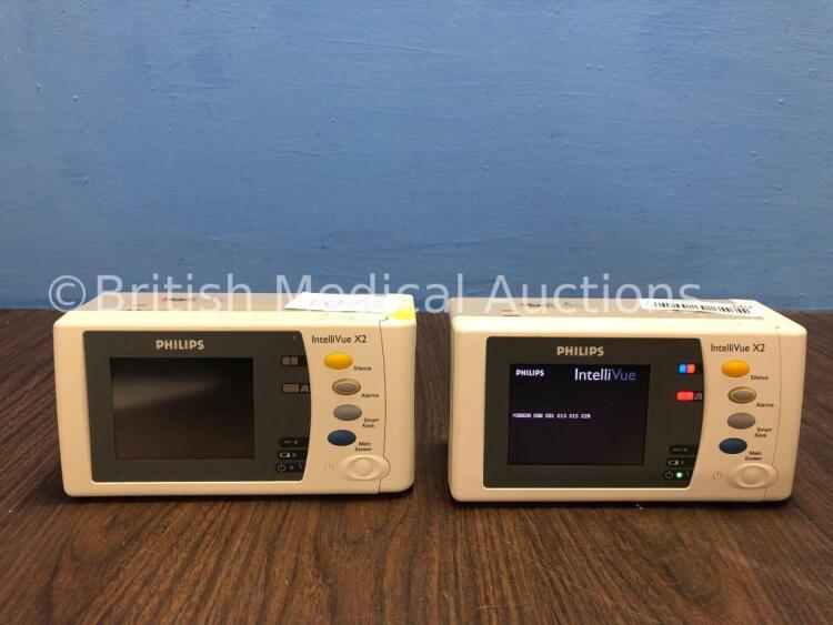 2 x Philips IntelliVue X2 Handheld Patient Monitors S/W Rev G.01.75 / G.01.80 with Press/Temp, NBP, SpO2 and ECG/Resp Options, 2 x Batteries (Both Pow