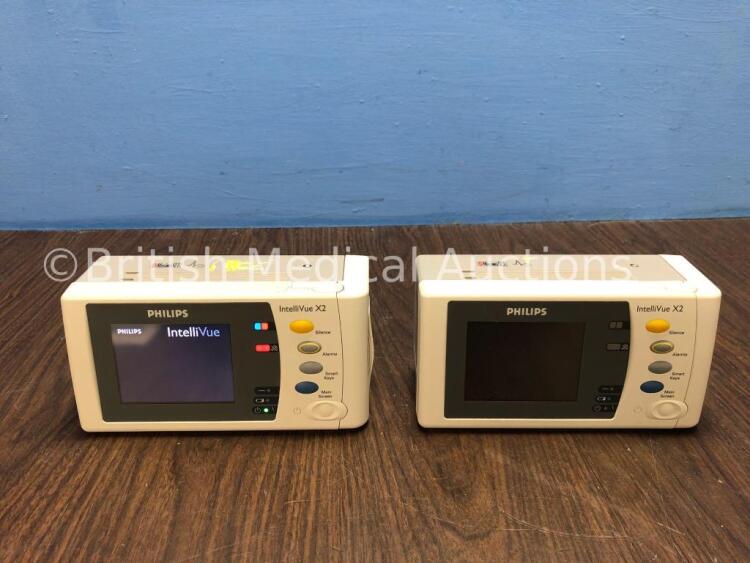 2 x Philips IntelliVue X2 Handheld Patient Monitors S/W Rev G.01.80 / J.04.95 with Press/Temp, NBP, SpO2 and ECG/Resp Options, 2 x Batteries (Both Pow