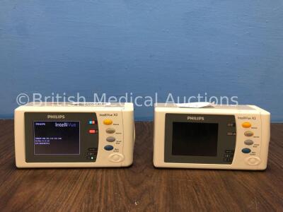 2 x Philips IntelliVue X2 Handheld Patient Monitors S/W Rev H.15.45 / H.15.51 with Press/Temp, NBP, SpO2 and ECG/Resp Options, 2 x Batteries (Both Pow