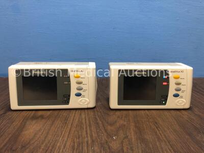 2 x Philips IntelliVue X2 Handheld Patient Monitors S/W Rev G.01.80 / G.01.75 with Press/Temp, NBP, SpO2 and ECG/Resp Options, 2 x Batteries (Both Pow